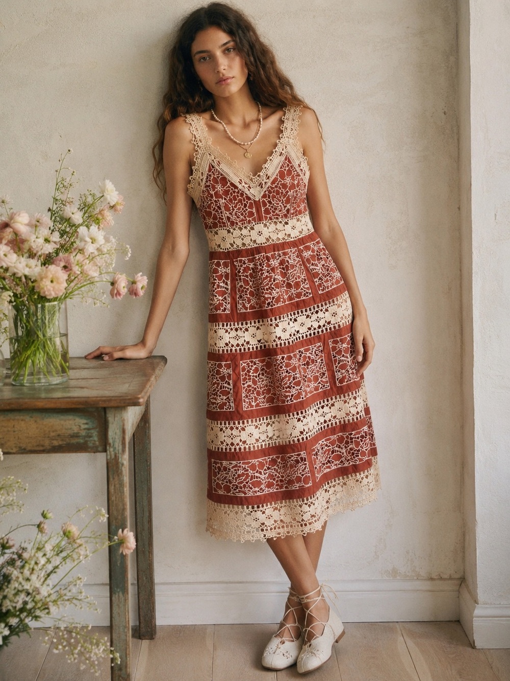 Sea New York Joah Embroidered Lace Sleeveless Midi Dress Brick Orange NWT 0
